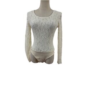 Vtg 90s Lace Body Suit Top Ivory Sz M Coquette Balletcore Grunge Festival